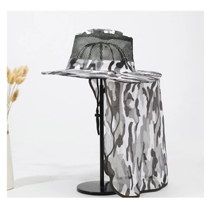Detail of outdoor camo sun hat showing breathable mesh top and long neck protection flap