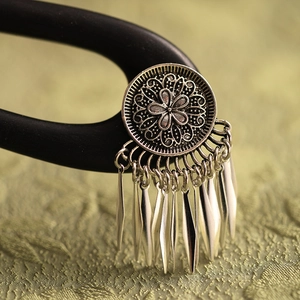Handcrafted ebony wood U-shaped hair stick with silver floral tassel for Hanfu