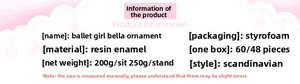 Detail specifications of resin ballet girl ornament showing Nordic style and dimensions