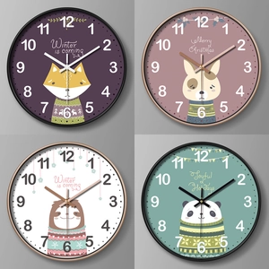 Round cartoon animal wall clocks featuring fox dog sloth and panda for kids rooms