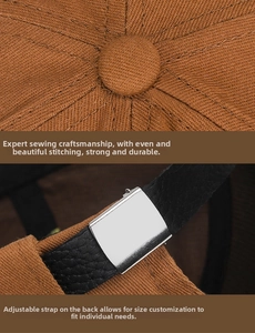Detail of a brown canvas brimless hat showing fine stitching and leather back strap