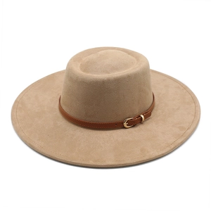 Elegant camel wide-brim felt fedora hat with brown leather band and gold buckle