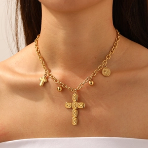 Vintage gold stainless steel necklace with oval cross pendants and gold beads