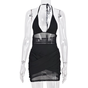 Sexy black halter neck mesh patchwork bodycon dress with side slit and sheer details