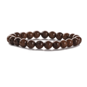 8mm dark brown natural wood bead bracelet with polished texture on white background