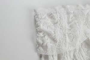 Close-up of white lace fabric detail with floral embroidery and scalloped edge finish