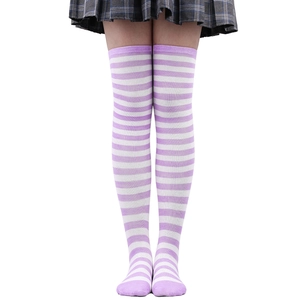 Chaussettes hautes rayées violettes et blanches style japonais pour cosplay