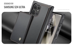 Macro detail of Samsung S24 Ultra black litchi leather case with card slot and stitching