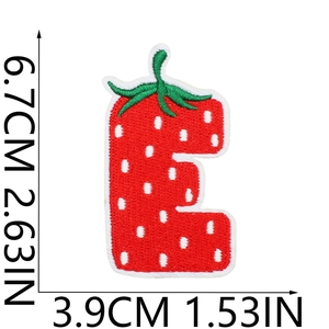 Detailed strawberry letter E embroidery patch with size dimensions 6.7cm by 3.9cm
