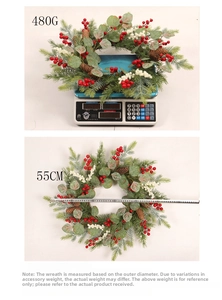 Detailed view of the 55cm Christmas wreath showing 480g weight and pinecone texture