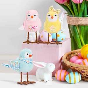 Easter Bird Ornaments Plush Felt Standing Colorful Birds Floral Pattern Desktop Decoration Home Party Supplies