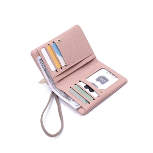 Short pink PU leather wallet interior view with card slots, ID window and bill compartment