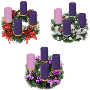 Three Christmas advent wreaths with four candles, pine needles, cones and colorful ribbons