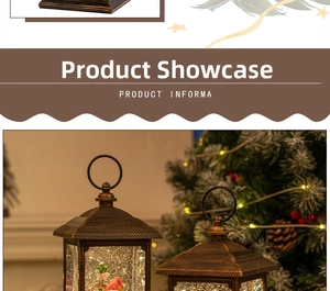 Detail of vintage bronze Christmas lantern with LED snow globe effect and JOY text