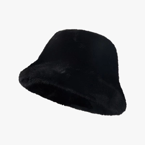 Minimalist black faux fur bucket hat for women with a warm and plush winter texture