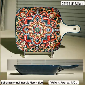 Piatto in ceramica blu bohémien da 9 pollici con manico e motivo mandala