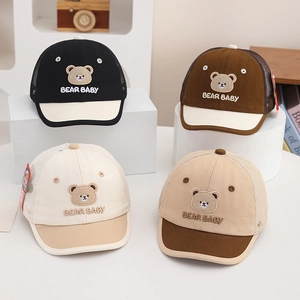 Breathable baby baseball caps with bear embroidery and mesh design in four colors