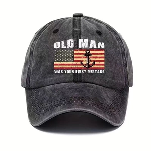 Macro shot of vintage washed grey cotton baseball cap with OLDMAN embroidery and flag detail