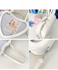 Detailed views of heart-shaped Ita bag showing PU leather texture and clear window