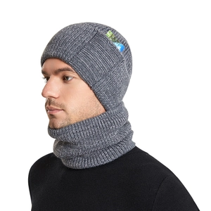 Men's winter thick knit balaclava hat and neck warmer set in grey with side card slot detail