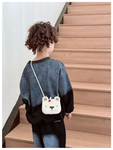 Rear view of a child wearing a cute white teddy bear crossbody bag on wooden stairs