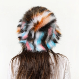 Detail view of colorful faux fur bucket hat with soft plush texture from the back