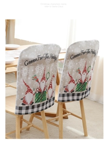 Detail of Christmas chair covers featuring holiday gnomes and snowflake patterns