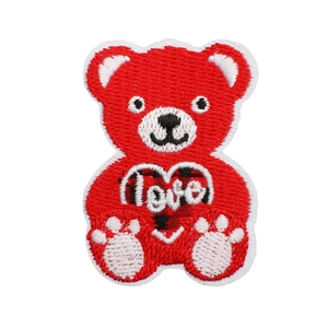 Red embroidered bear patch with white heart and Love text for Valentine garment decoration