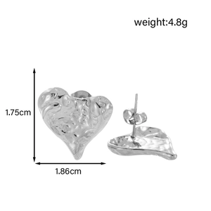 Silver stainless steel heart stud earrings with hammered texture and dimensions
