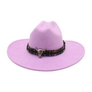 Close-up of purple felt jazz hat with ethnic braided band and silver bull skull detail