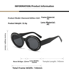 Detailed size specifications and weight for oversized rhinestone round sunglasses