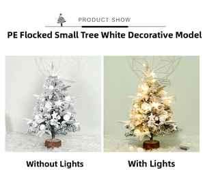 Detailed comparison of mini flocked PE Christmas tree with warm LED lights on and off
