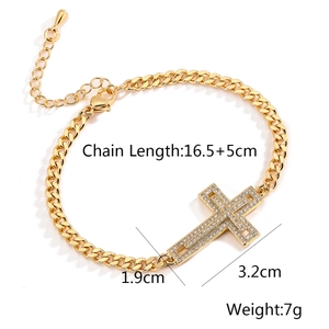 Detail view of 18K gold plated cross bracelet showing 16.5+5cm length and 7g weight