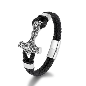 Men's Viking braided leather bracelet featuring a silver Mjölnir Thor's hammer metal clasp