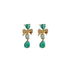 Boucles d'oreilles vintage avec nœud, cœur et goutte en zircone verte et plaqué or