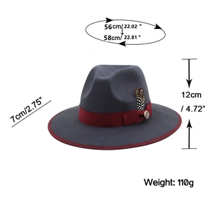 Dark grey cashmere fedora hat with burgundy ribbon and feathers, stylish wide brim jazz hat