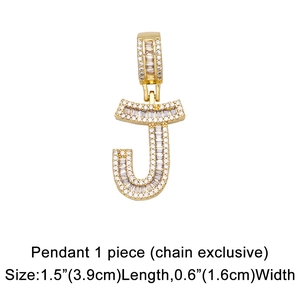 Detailed macro shot of gold-plated J letter pendant with zircon stones, 3.9cm by 1.6cm