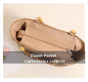 Detailed top view of a woven bag showing a zipper lining and bamboo handle