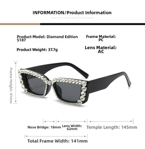 Detailed size specifications for square rhinestone sunglasses with black PC frames