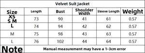 Detailed size chart for women's velvet blazer showing length, bust, and shoulder measurements