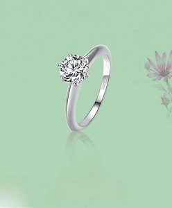Close-up of S925 sterling silver crown ring with six-prong set cubic zirconia stone