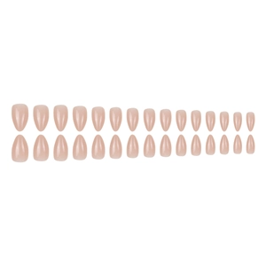 Glossy nude pink almond shape press-on nails set with 24 pieces on white background