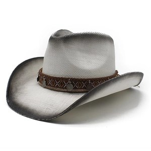 Western straw cowboy hat in cream with vintage coin charms and ethnic patterned band
