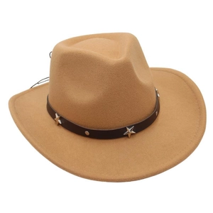 Detail of camel wool fedora with brown leather band and silver star rivet studs