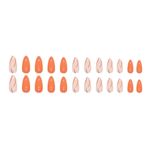 24pcs almond press-on nails in solid orange and light pink wavy lines pattern