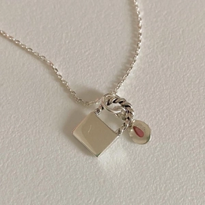 S925 sterling silver necklace with square lock pendant and red turquoise charm