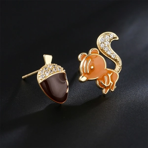 18K gold plated squirrel and acorn stud earrings with enamel and cubic zirconia detail