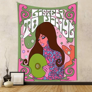 Detail of psychedelic wall tapestry featuring woman with vinyl and LISTEN TO VINYL text