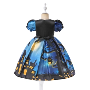 Rear view of girl's Halloween dress with hidden zipper and black bow on satin fabric