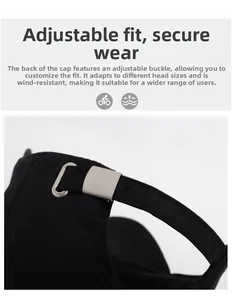 Detail of adjustable metal buckle and strap on back of black men baseball cap